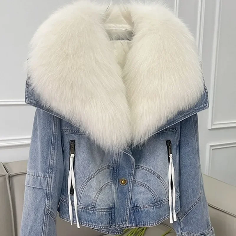 High Quality Women's Down Cotton Jacket Explosive Fur Coat 2025 Winter New Oversized Imitation Fox Hair Detachable Denim Jacket