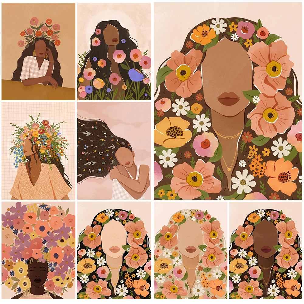 

Minimalist Illustration Girl Flower Poster Prints Wall Art Canvas Painting Home Decor Wall Pictures For Living Room Unframed