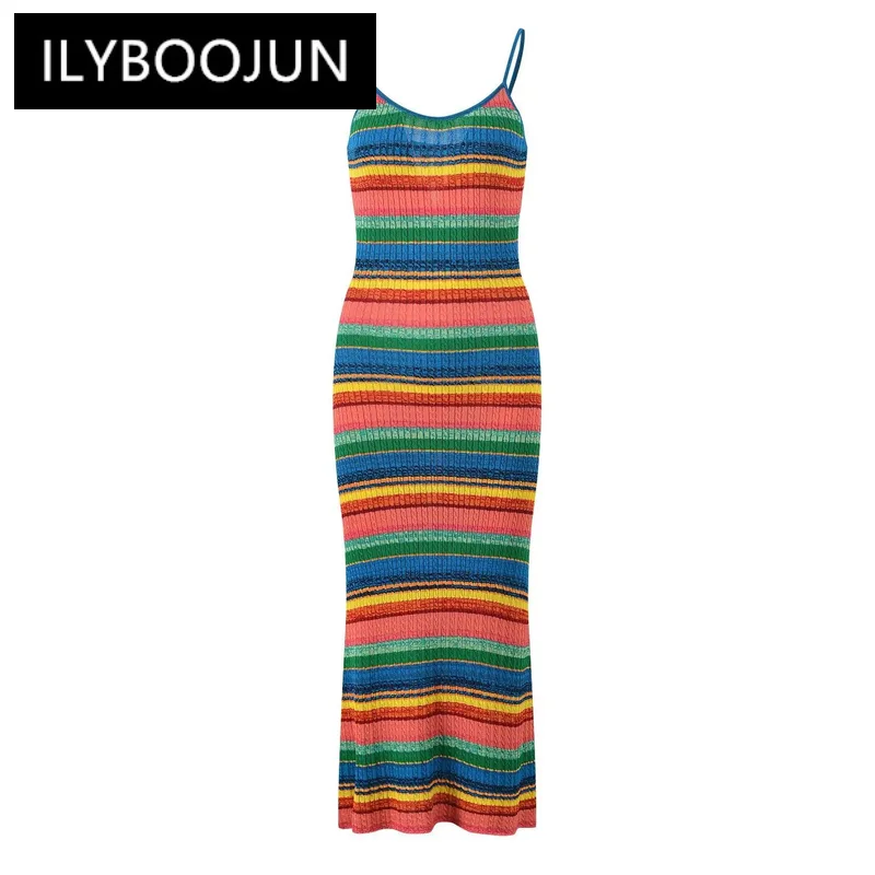 French Style 2024 Summer Colorblock Striped Women Knitted Sleeveless Sexy Slim Holiday Casual Ladies Fashion Long Slip Dresses