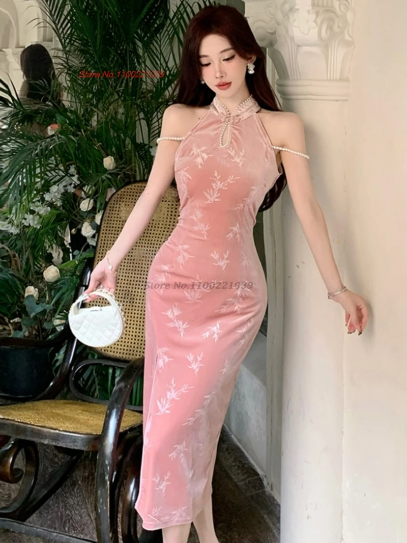 

2025 chinese sexy nightclub dress sleeveless velvet qipao traditional flower print cheongsam dress retro banquet evening dress