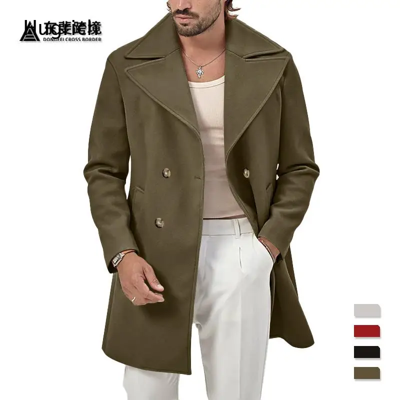 Red Wide Lapel Double Breasted Wool Blend Mid Length Coat Men Gold Button Slim Fit Wedding Party Business Winter Formal Overcoat