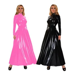 Women Sexy PU Leather Long Dress Solid Color PVC Shiny Wet Look Clubwear Halloween Party Costume