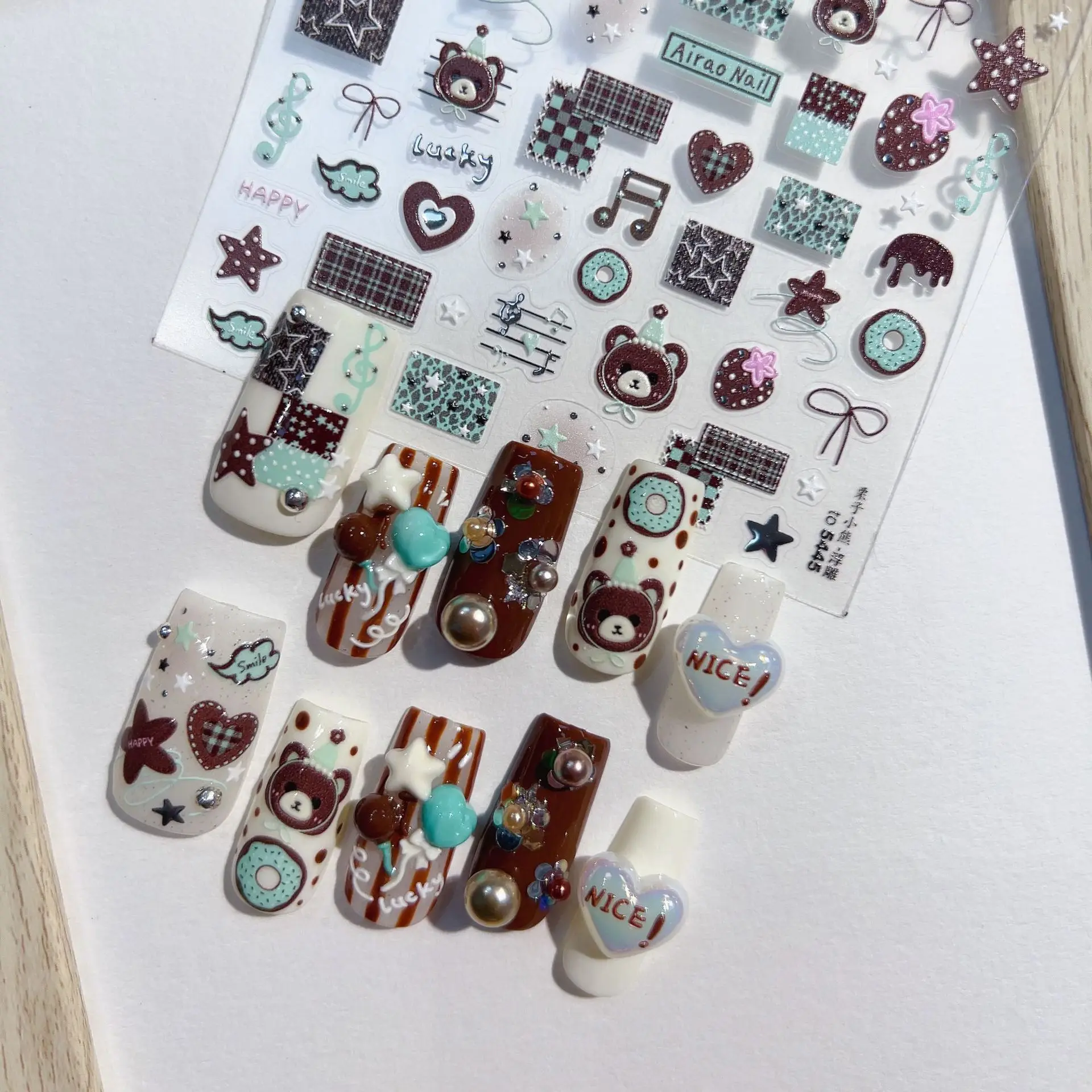 

Winter Nail Stickers Brown Bear Heart Pattern Donut Strawberry Nail Sticker Accessories Pearl Self-adhesive Nail Art Decorations