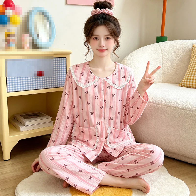 Korean Sweet Youth Pajamas Autumn Women's Bow Long Sleeve Home Clothe Student Doll Collar Set Comfortable Soft and Skin Friendly