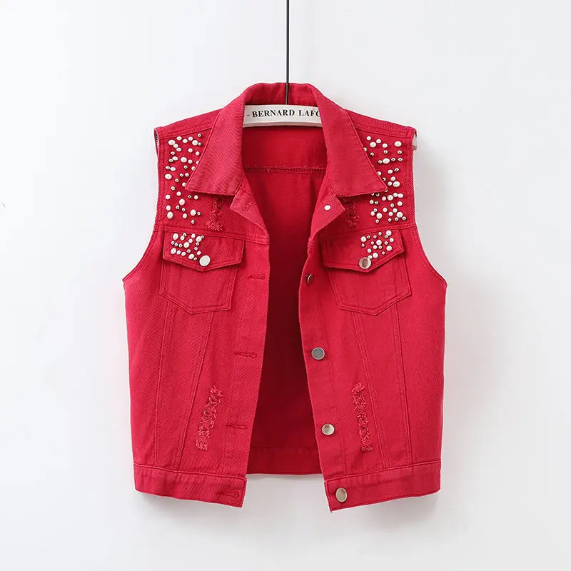 

fashion Multi-color vest women spring summer new washed hole beading sleeveless jacket slim jean Waistcoat female tops tide T286