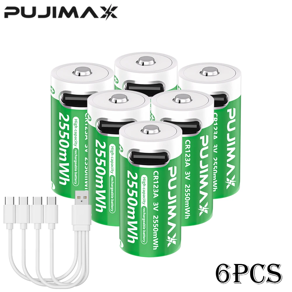 PUJIMAX CR123A-Batterien mit USB-C-Schnellladekabel – 2550 mWh Li-Ionen-Polymerzellen mit hoher Kapazität für Taschenlampen und Kameras