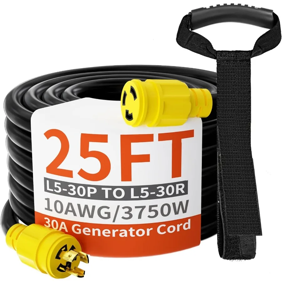 Cavo di prolunga per generatore da 25 piedi e 30 A per impieghi gravosi con connettori a 3 poli Calibro 10 125 V SJTW Cavo di bloccaggio giallo da NEMA L530P a L5