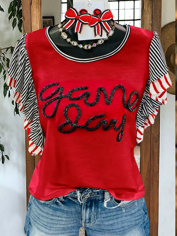 Casual Gameday Striped Pattern Top Game Day Vintage Blouse Red/Black Ruffled Shirts