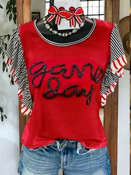 Casual Gameday Striped Pattern Top Game Day Vintage Blouse Red/Black Ruffled Shirts