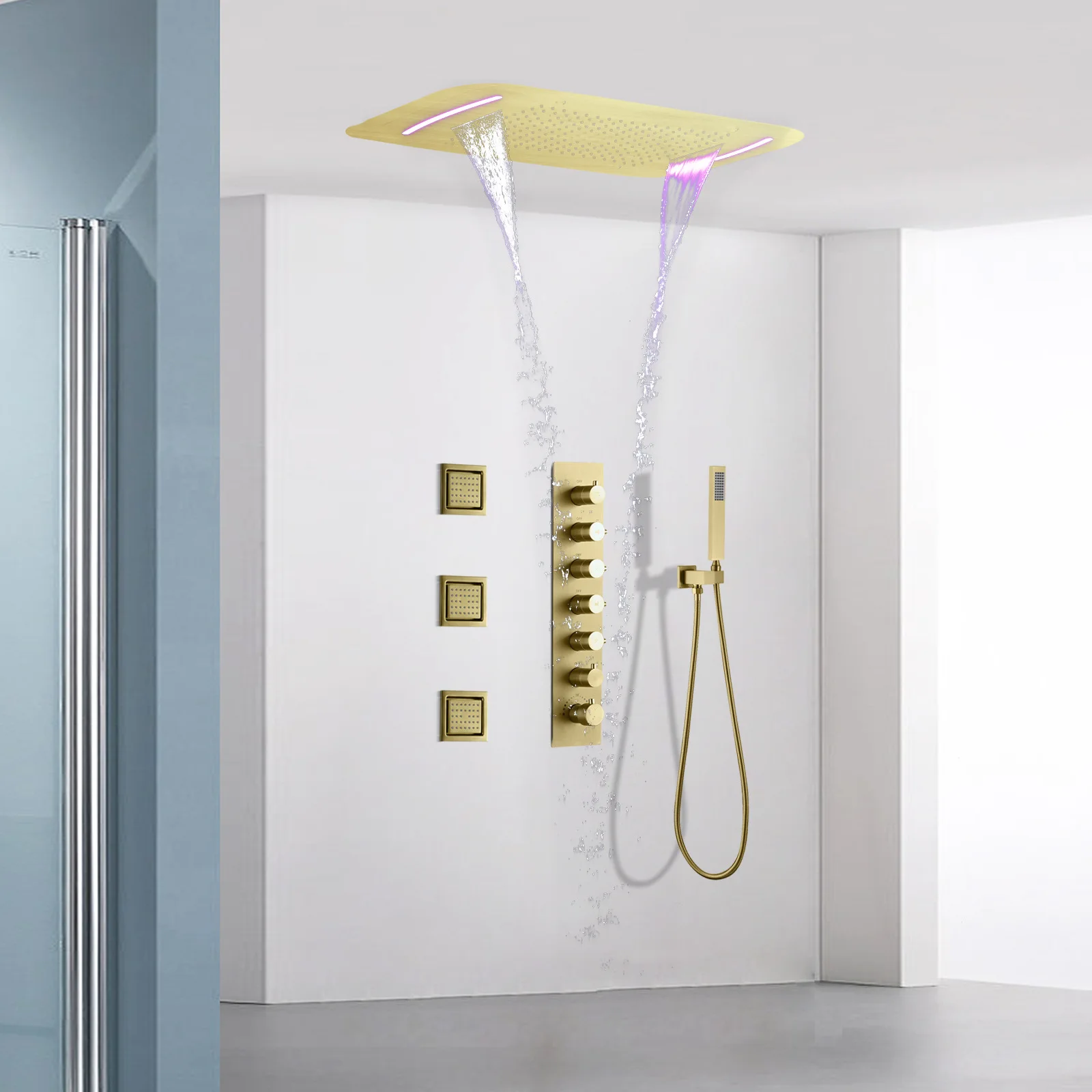 Brass gold 710 * 430mm sky screen concealed shower set with LED light bathroom constant temperature