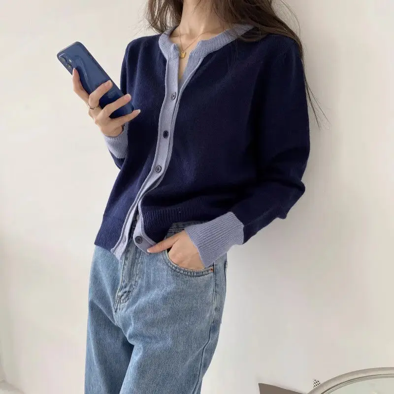 Nouveau Cardigan en tricot bloc de couleur pour femmes, manteau pull élégant et polyvalent