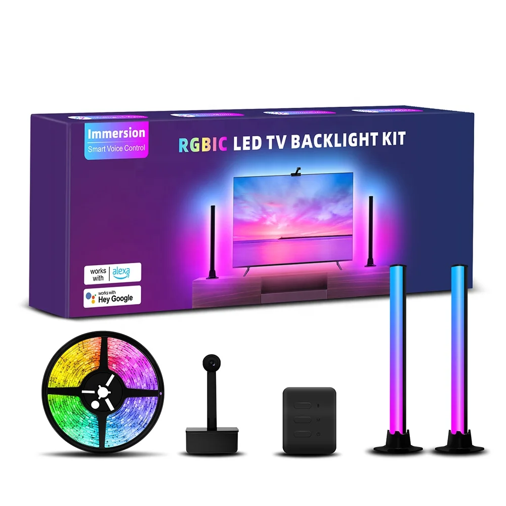 Barra de luz LED de fondo para TV inteligente, Wifi, música RGBIC, Control por voz con cámara, Alexa y Google Home