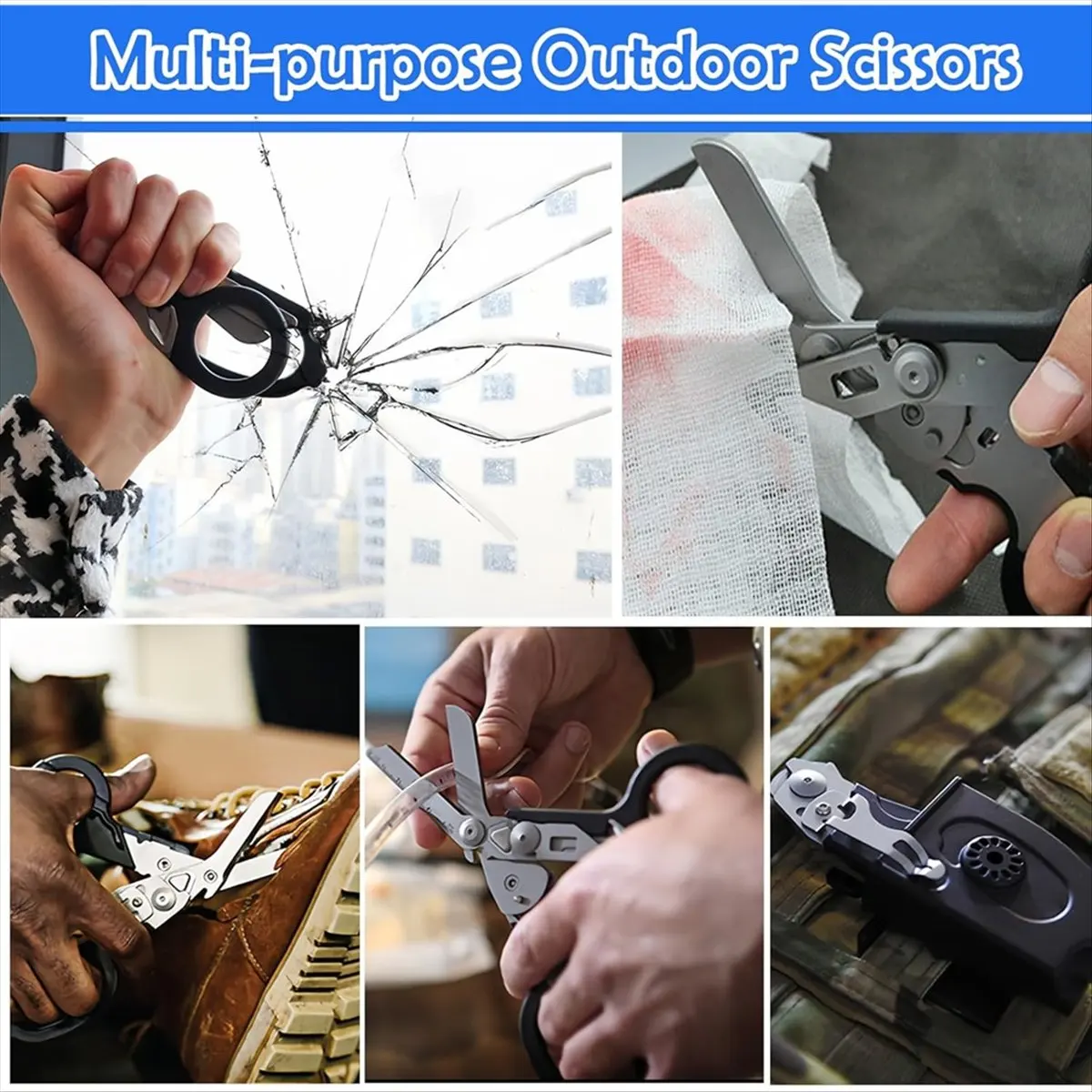 

Спасательный инструмент 6-в-1 с многофункциональными ножницами из нержавеющей стали для кемпинга на открытом воздухе, экстренной помощи и повседневной переноски