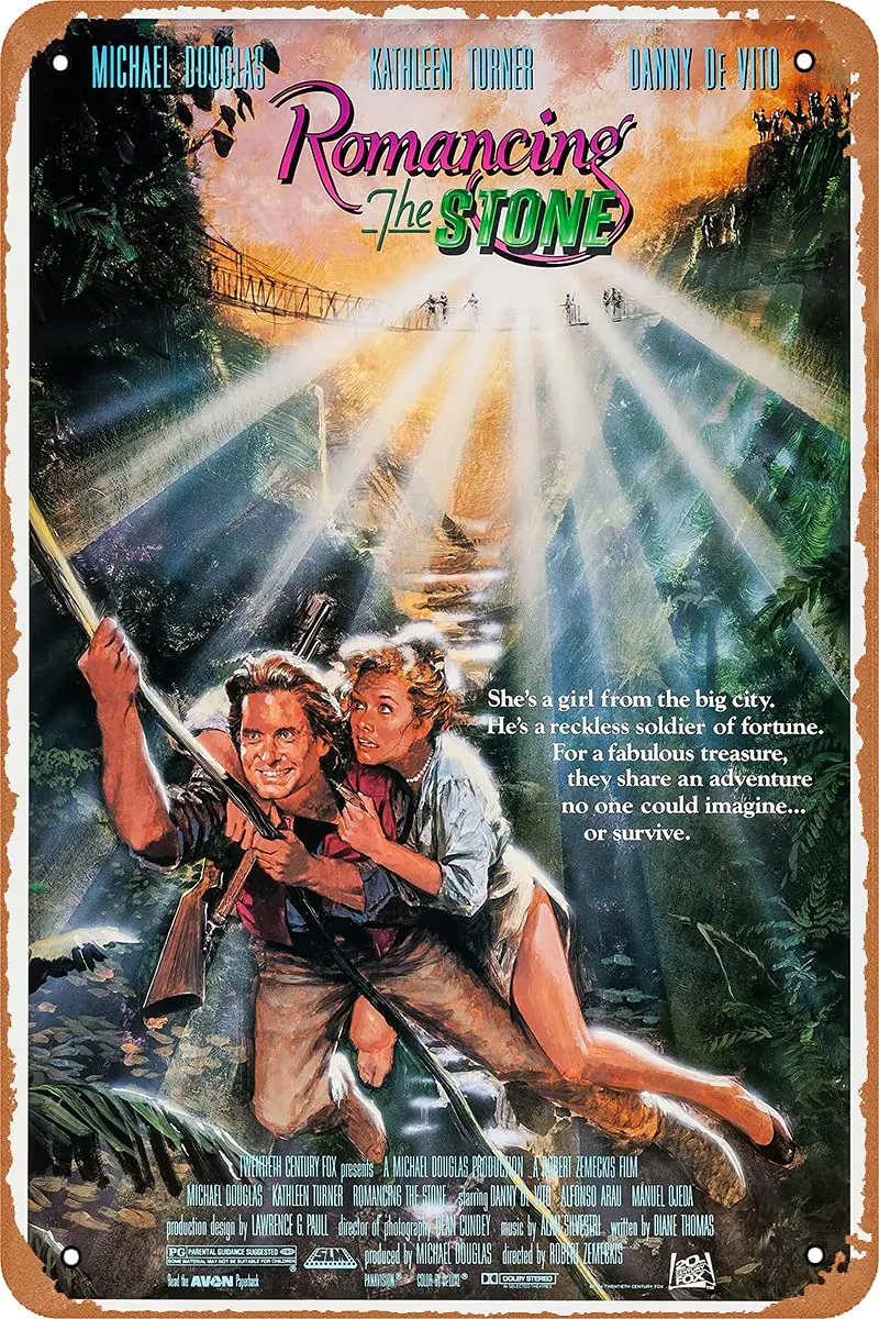 Swrlzvzn Romancing The Stone (1984) Movie Tin Sign Classic Film Movie Poster Metal Tin Sign 12 X 8 Inches Retro Vintage Decor