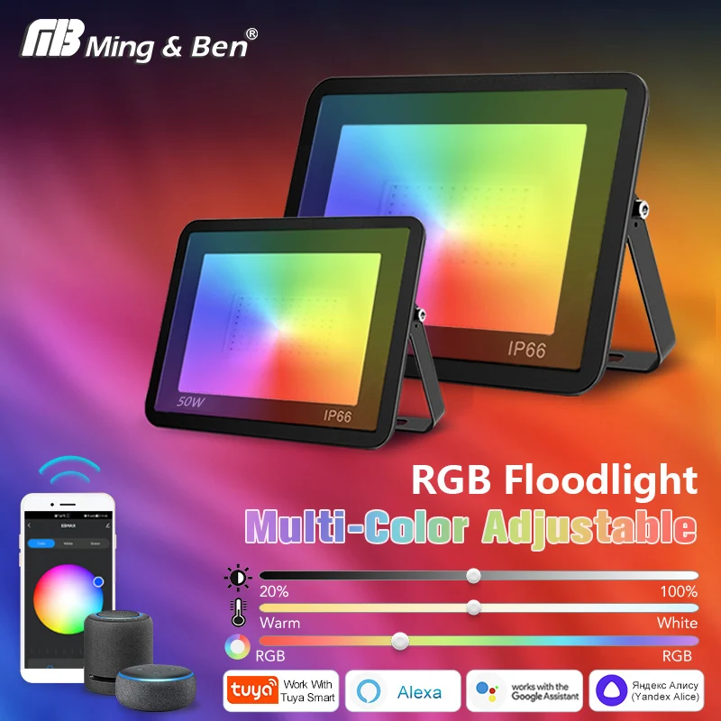 Projecteur LED RGB avec application TUYA, commande vocale, éclairage extérieur 50W 100W, étanche IP66, pour aménagement paysager, jardin, fontaine, décoration murale