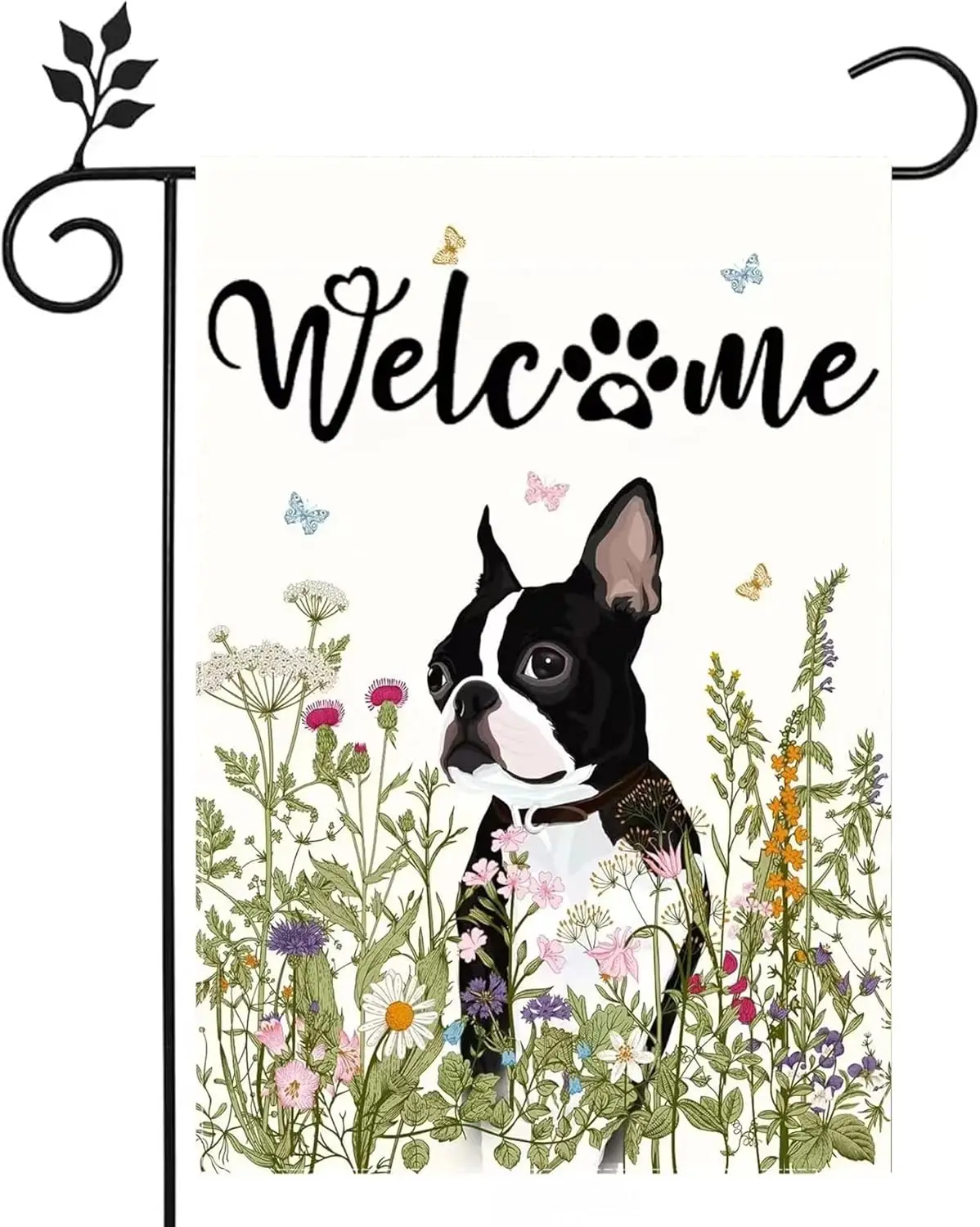 Spring Summer Welcome Garden Flags for Outside 12x18 Double Sided Burlap, Funny Floral Dog Boston Terrier Garden Flag for Outdoo