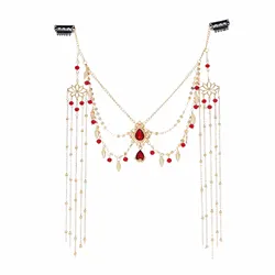 Red Crystal Beads Long Tassels Chinese Bridal Hair Accessories Zircon Headwear Women's Party Wedding Jewelry Gifts