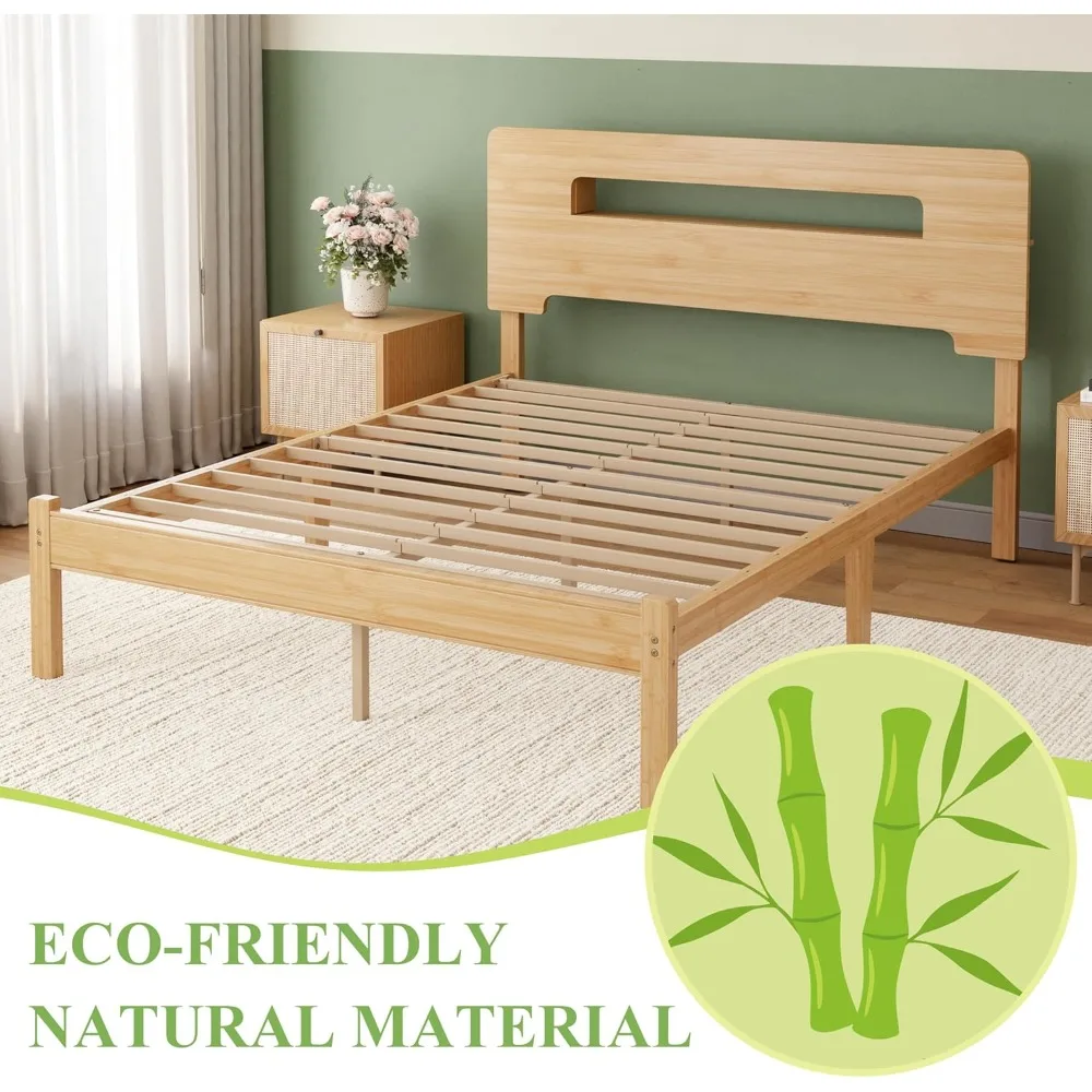 Estrutura de cama de bambu queen size com cabeceira de armazenamento e plataforma de 14 polegadas, sem necessidade de molas, reforçada com aço