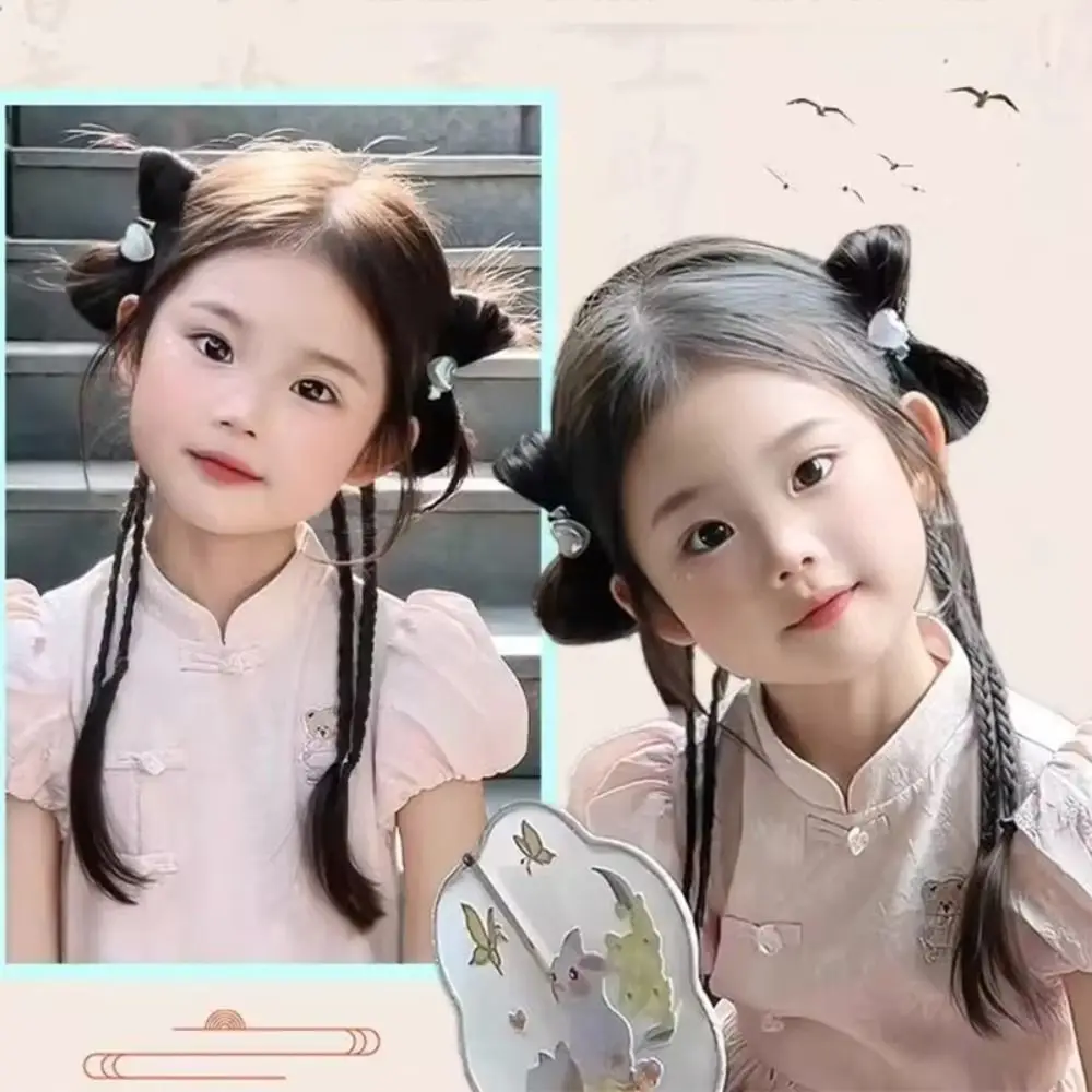 1 pair Cute Cute Children's Wig Braid Bow Knot Ball Head Hair Clip Fried Dough Twists Braid Double Ponytail Wig Female Use