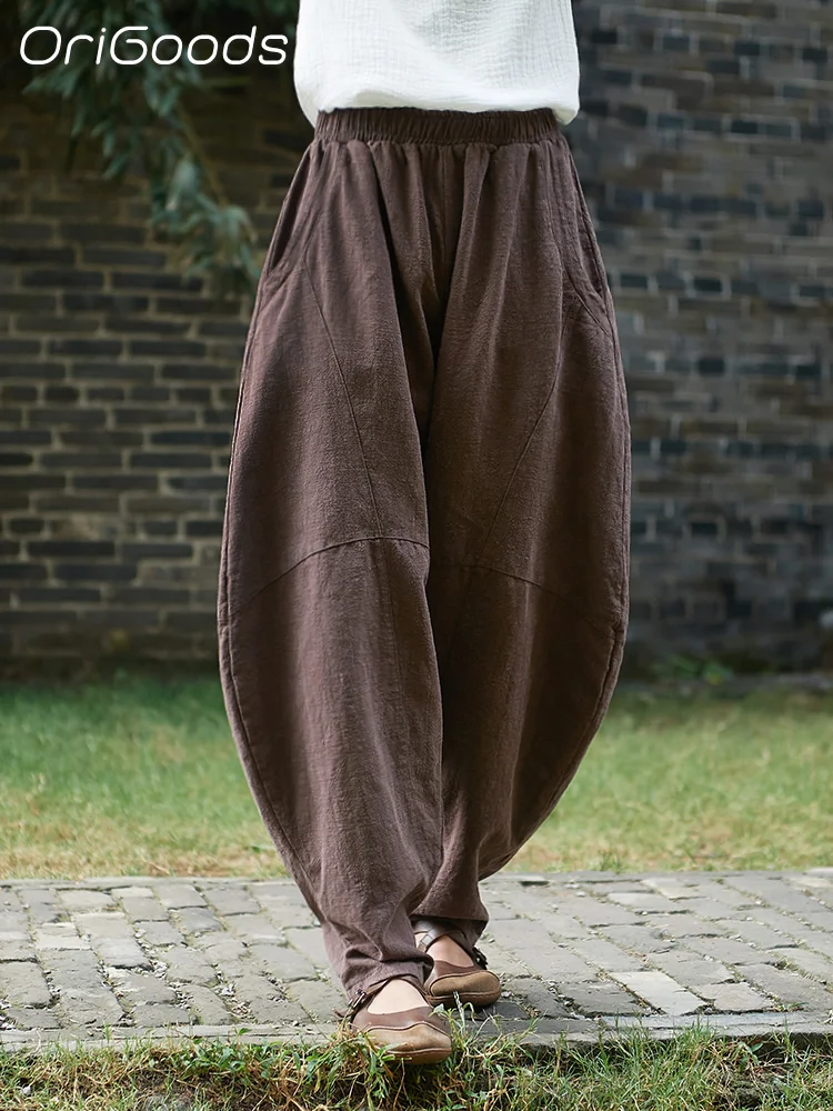 

OriGoods 2025 New Spring Pants Woman Elastic Pants Novelty Design Harem Baggy Pants Loose Vintage Ramie Cotton Linen Pants B099