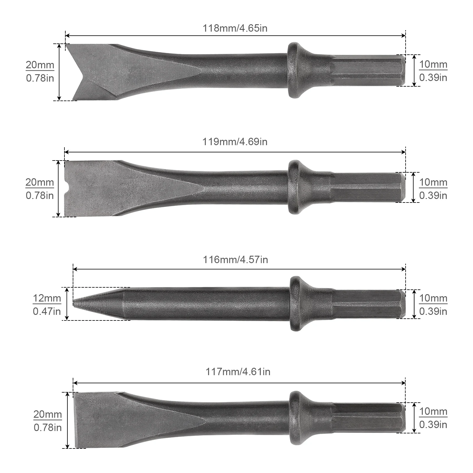 4pcs Air Hammer Chisel Set Hexagonal Shank Heavy Duty Air Impact Head for Rusting Removal Cutting Pneumatic Tools Accessories