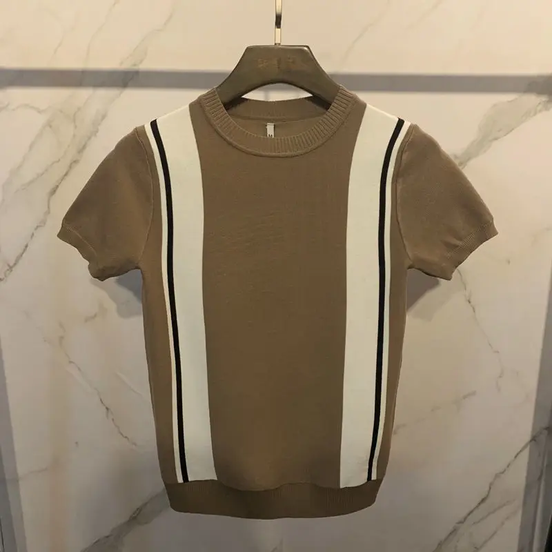 Summer new ice silk crew neck knitted short sleeve T-shirt men's Korean fashion slim stripe contrast bottoming shirt sweater