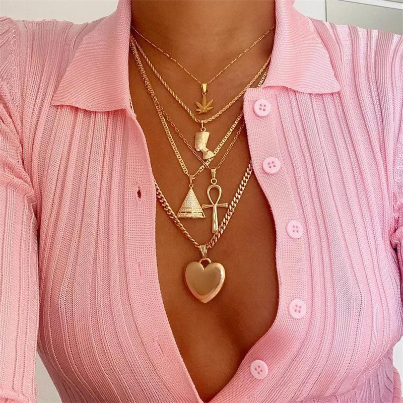 

Exaggerated Heart Maple Leaf Egyptian Pharaoh Queen Pyramid Necklace for Women Multilayer Hyperbole Pendant Chains set Jewelry