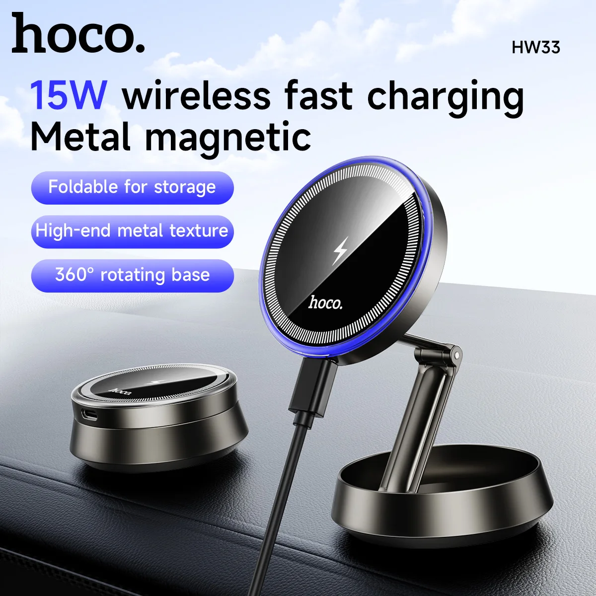 HOCO HW33 Metal Ring Magnetic Wireless Fast Charging Car Holder In-Car Center Console For iPhone 12-17 Pro Max MagSafe Charger