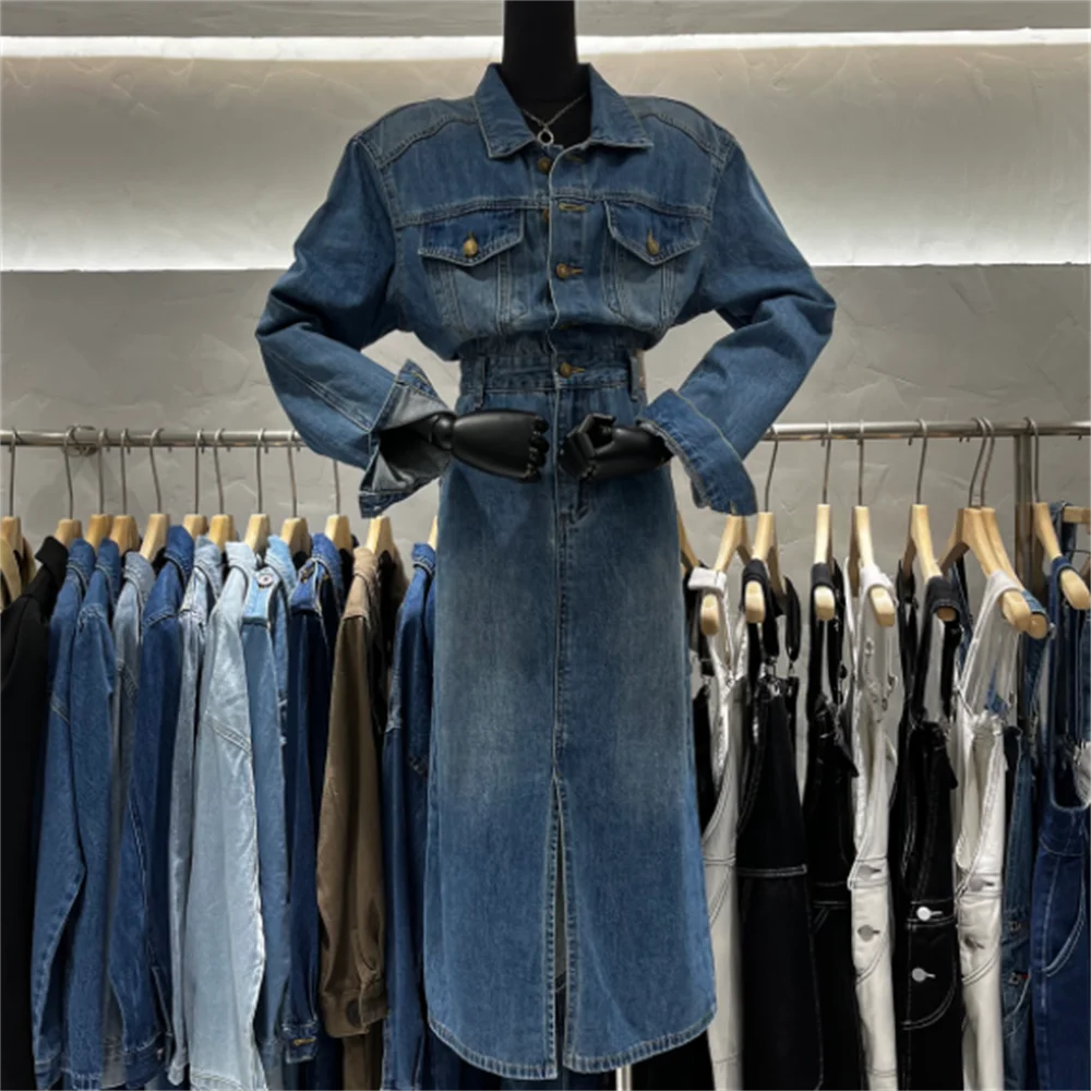 

Long Denim dress Women 2023 Spring New single-breasted Fashion Leisure A line Long sleeves pocket coat
