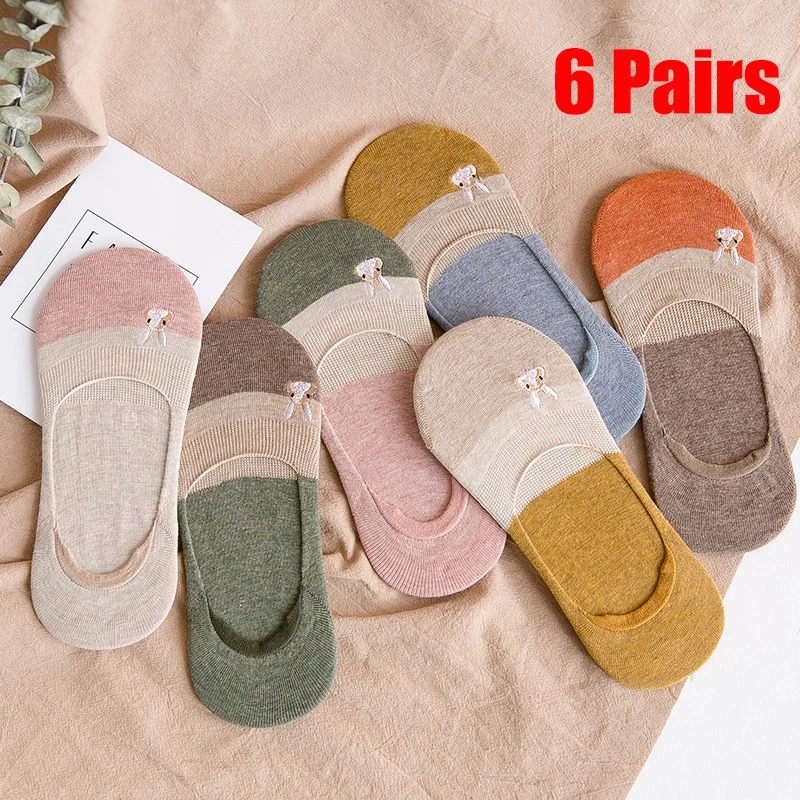 6 Pairs Cute Sock Slippers Women Kawaii Embroidered Cartoon Rabbit Invisible Ladies Anti Slip No Show Boat Socks Summer Fashion