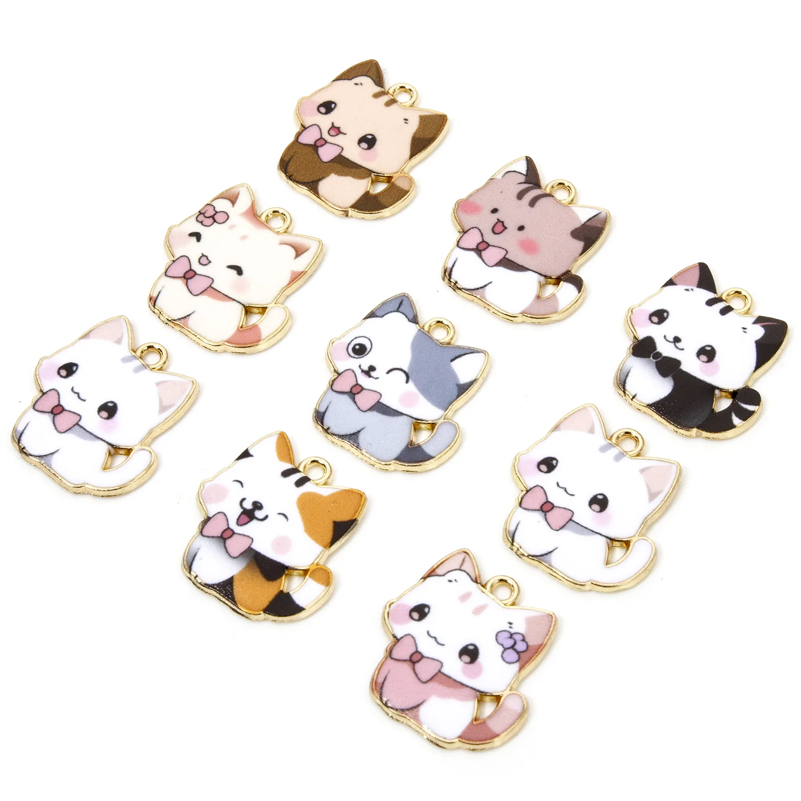 10 buah jimat paduan berbasis seng Enamel hewan kucing untuk pembuatan perhiasan Diy kalung warna emas liontin multi Warna 21mm x 20mm