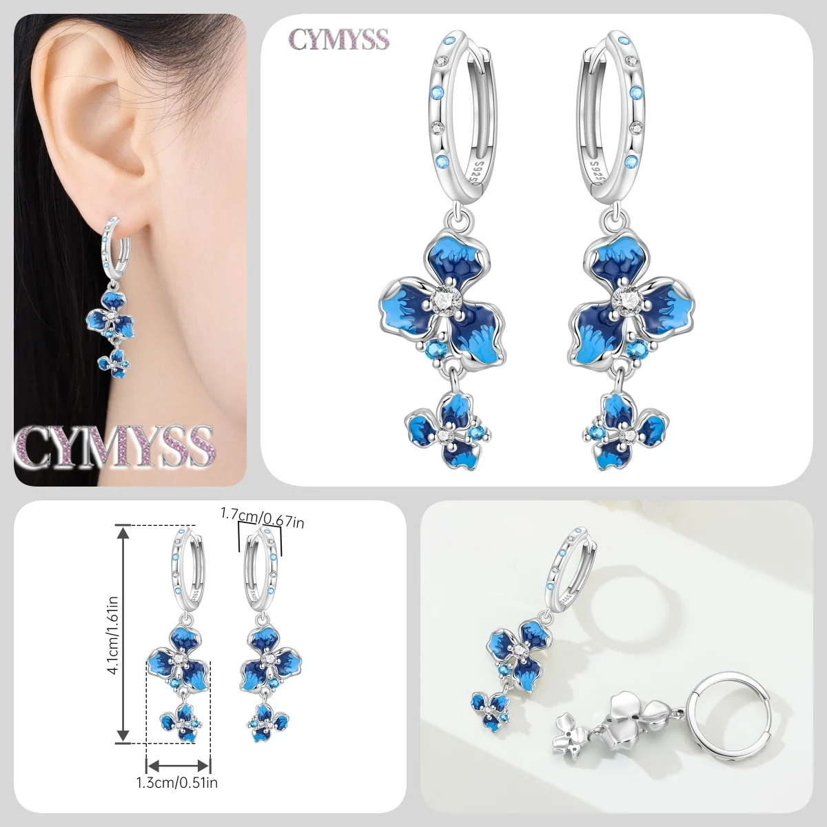 2026 Original 925 Sterling Silber Nadel mit Zirkon Pflanzenmotiven Blaue Iris Blumen Ohrringe für Damen Party Modeschmuck – Detail 2