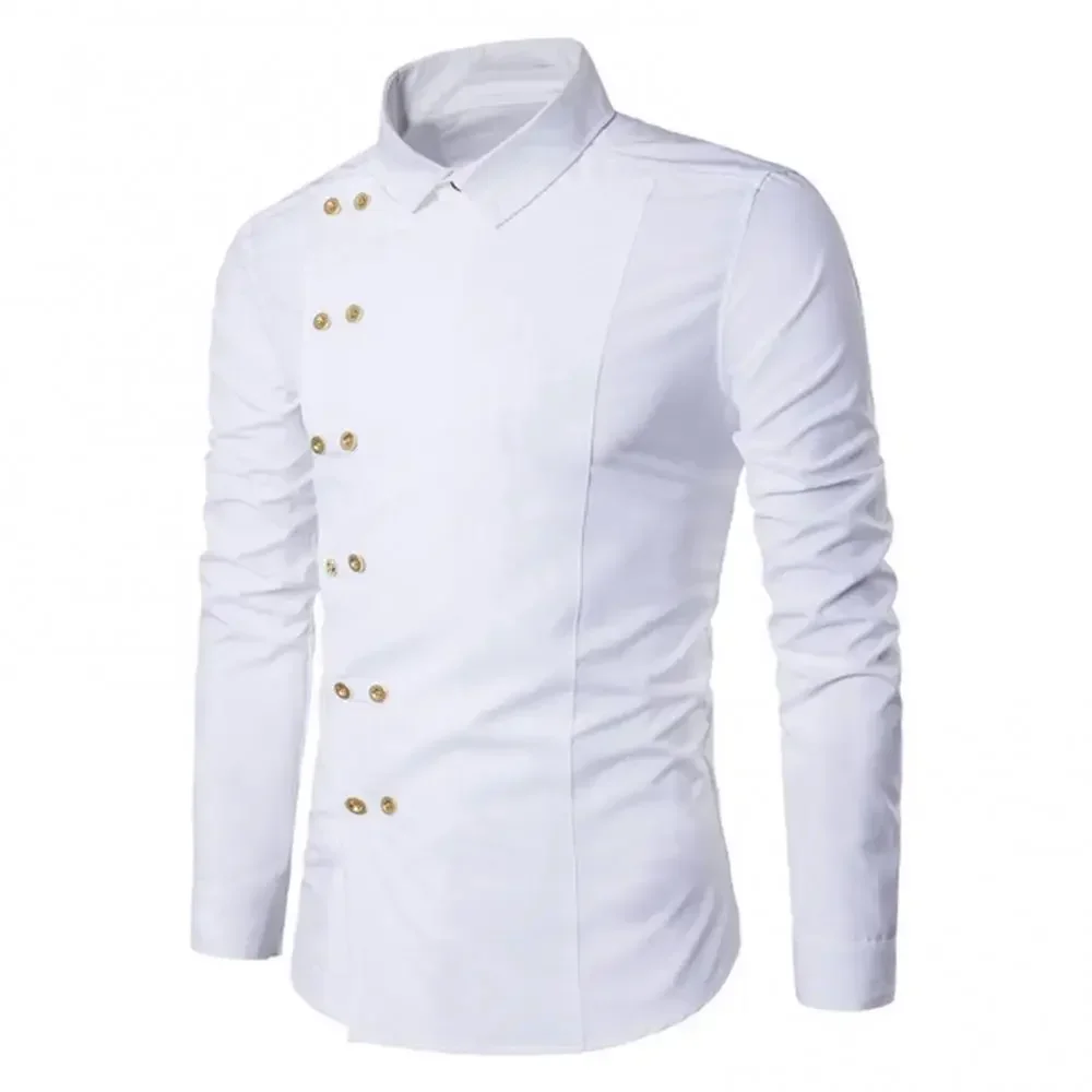 Shirt Men Long Sleeve Cotton Buttons Turn Down Collar Diagonal Double-breasted Shirt