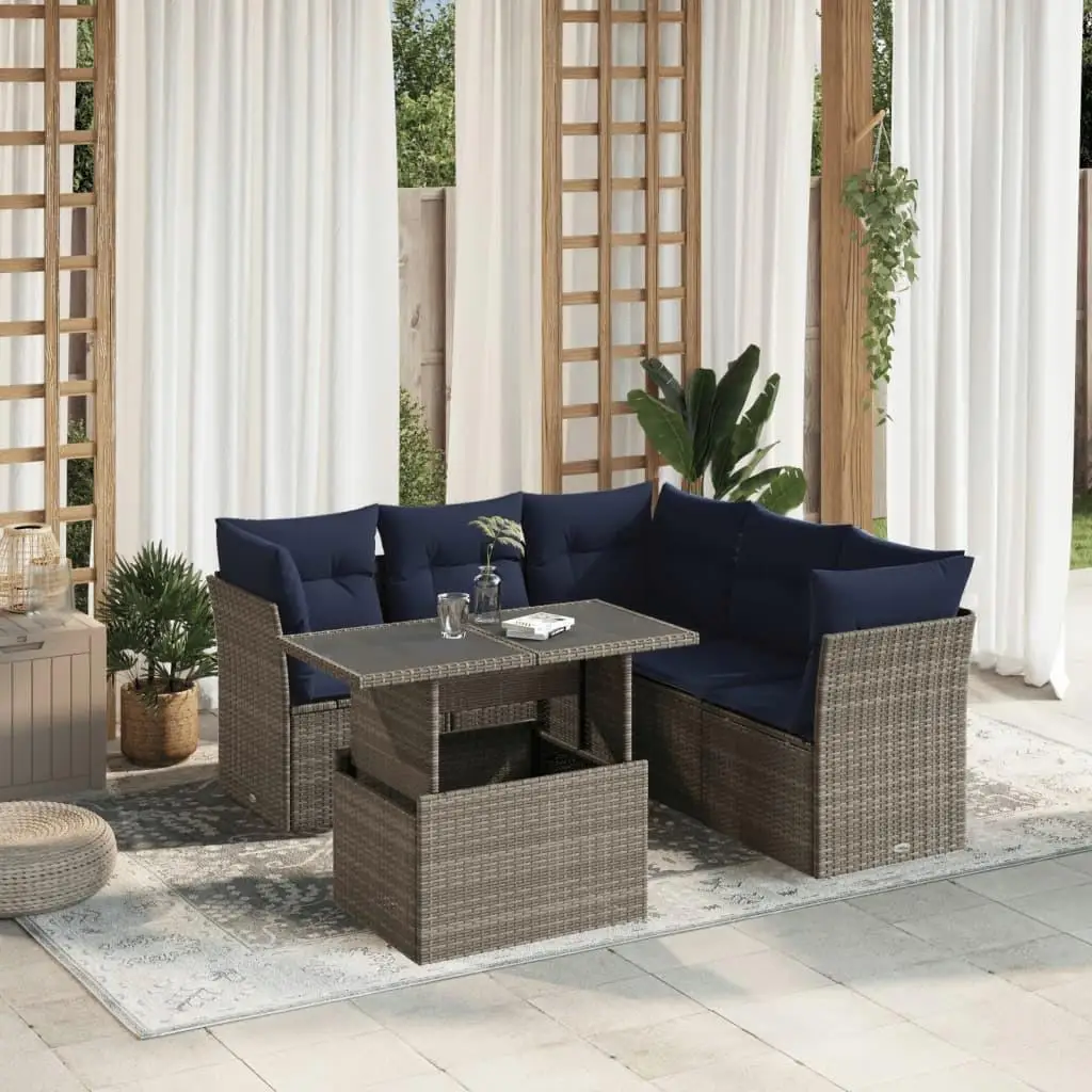 

6 Piece Outdoor Patio Sofa Set with Cushions Gray Rattan Furniture Modern Garden Seating