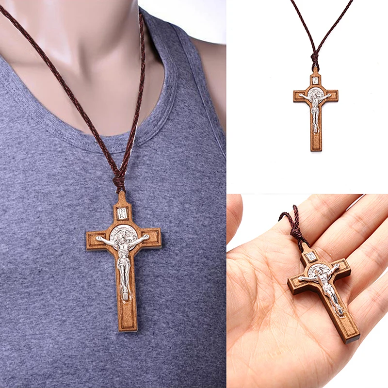 Retro Jesus Cross Necklace Wood Metal Pendant Jewelry Charm Necklace Gift