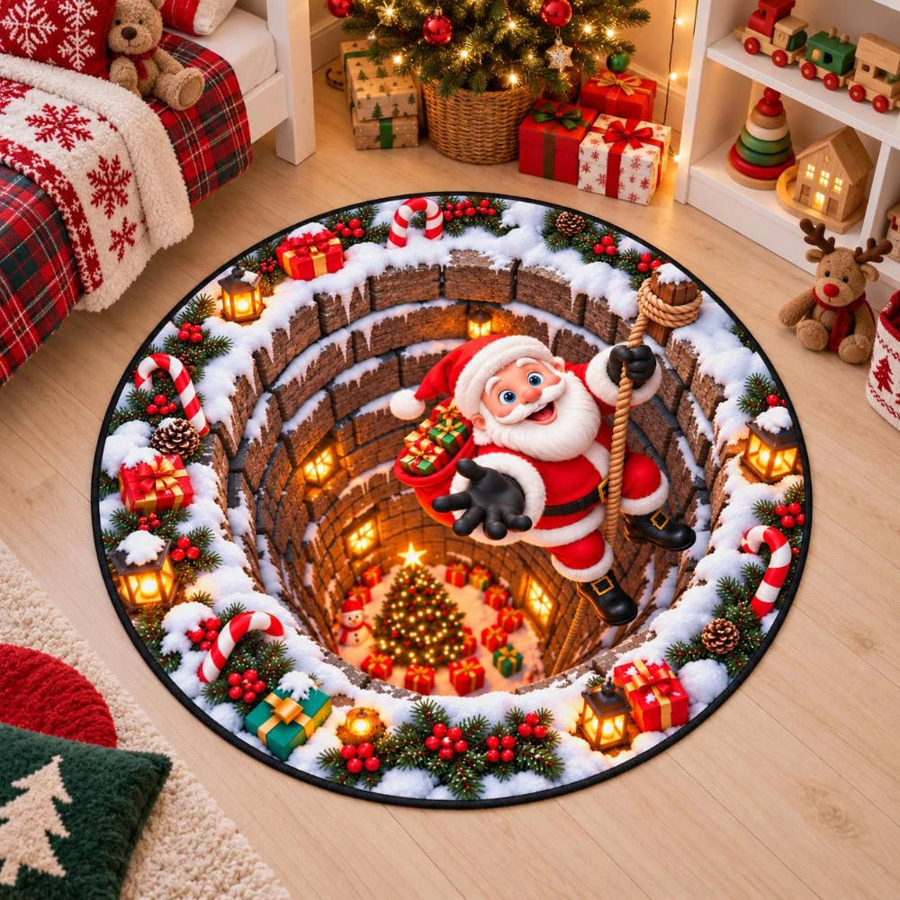 Cozy Bedroom Christmas Santa 3D Vortex Carpet Brick Well Circular Floor Mat Festive Living Room Entryway Area Rug Souvenir