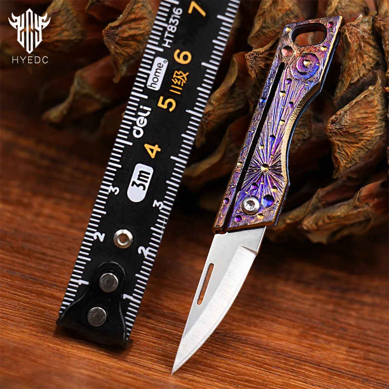 Star Sky Hand Carving Mini Titanium Alloy Camping Knife Sharp Edc Folding Knife Carry-on Keychain Gift Knife Pendant Lette