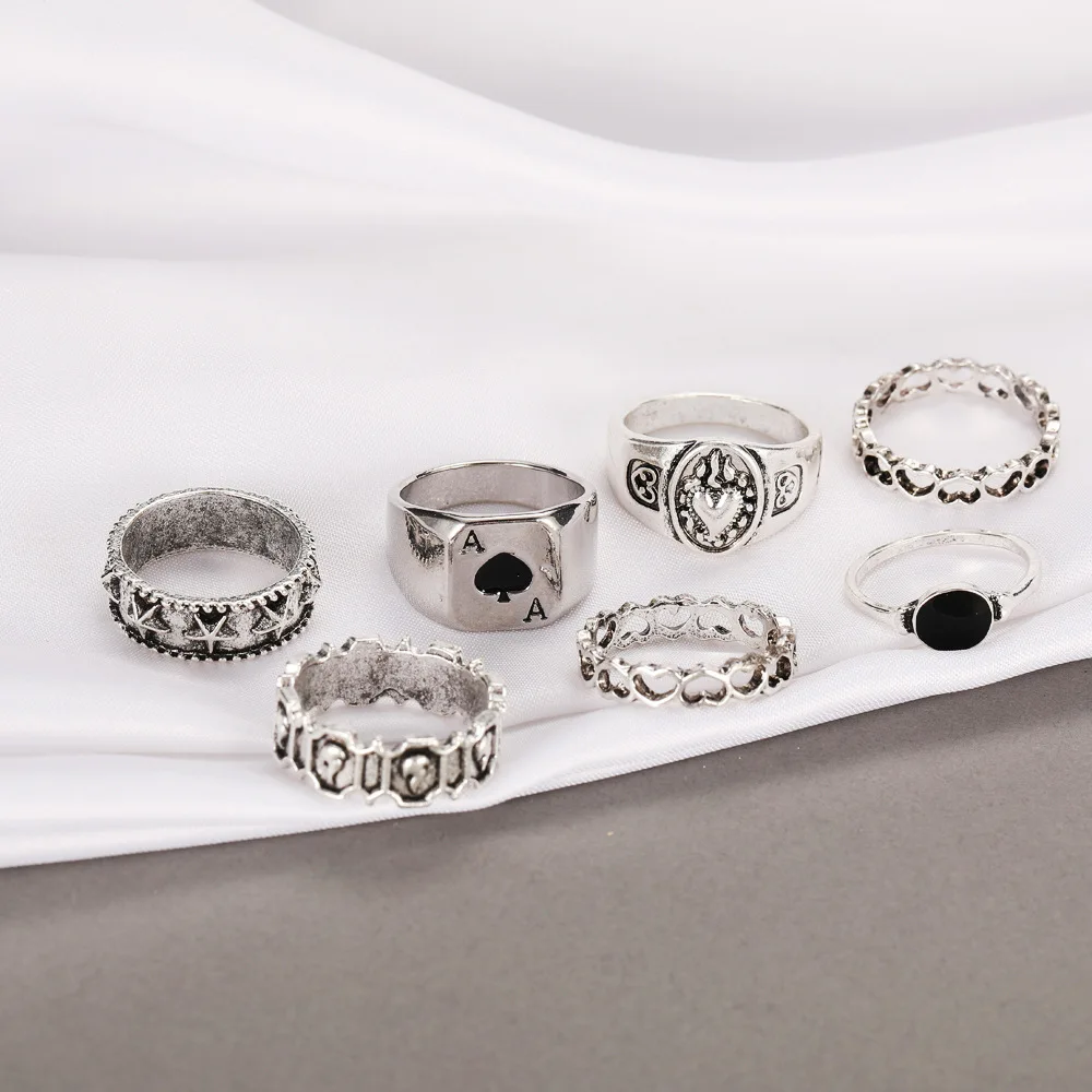 Vintage Silver Color Skull Heart Rings Set For Women Men Gothic Chain Retro Rings 2021 Trend Fashion Jewelry