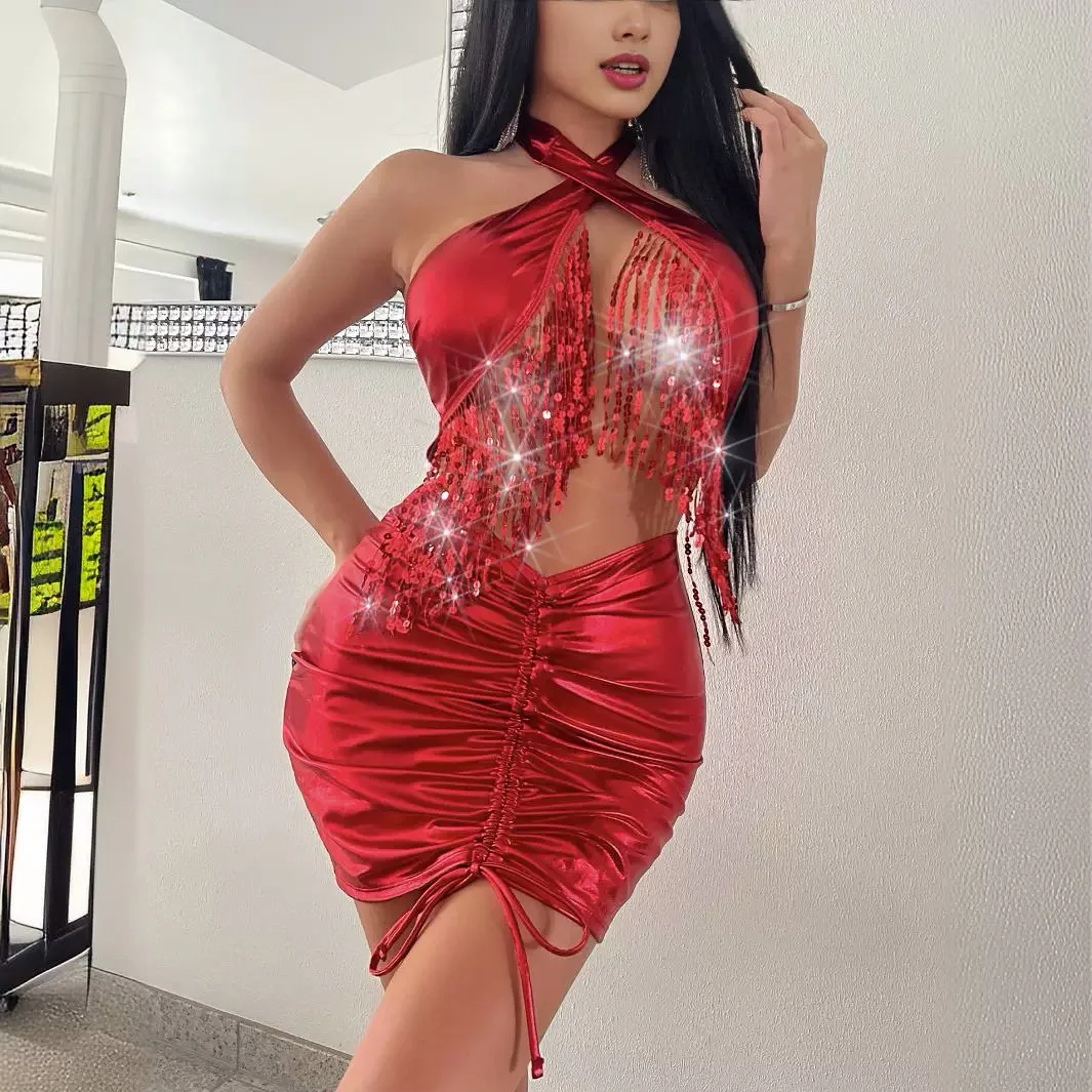 2024 novo europeu e americano de luxo natal vermelho borla sexy halterneck hottie hip envoltório saia vestido