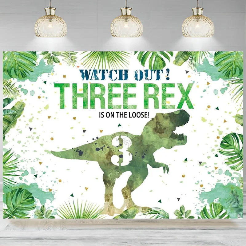 Birthday Backdrop Boys Dinosaur 3rd Birthday Green Leaf Photographic Background 3 Years Old Dinosaur Theme Party Banner