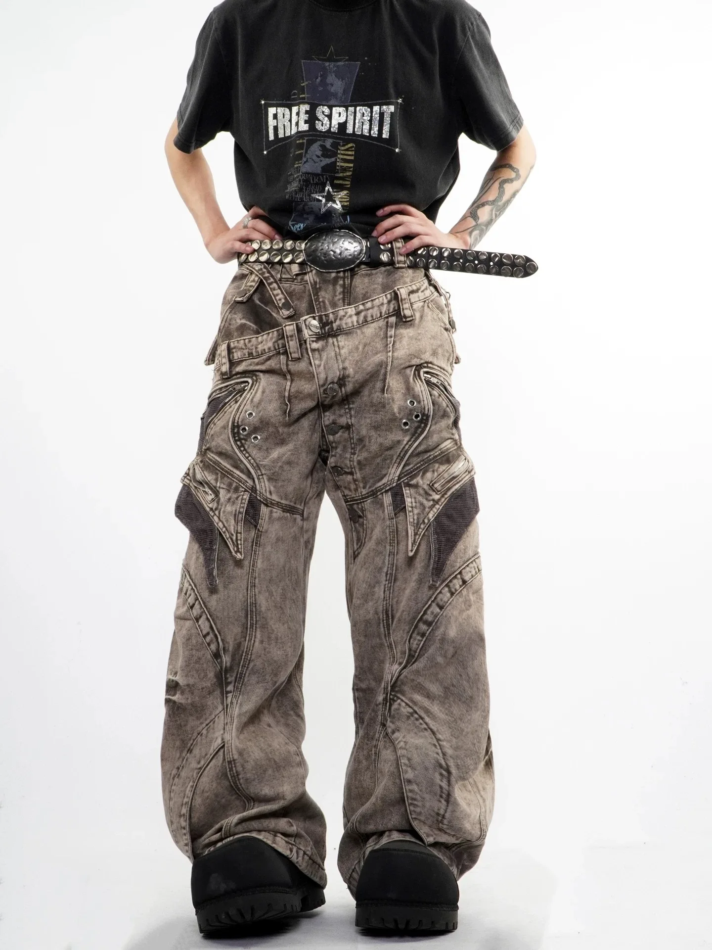 Double-waist Design Mesh Patchwork Techwear Baggy Jeans Man Woman Distressed Washed Vintage Punk Wide Leg Denim Pants