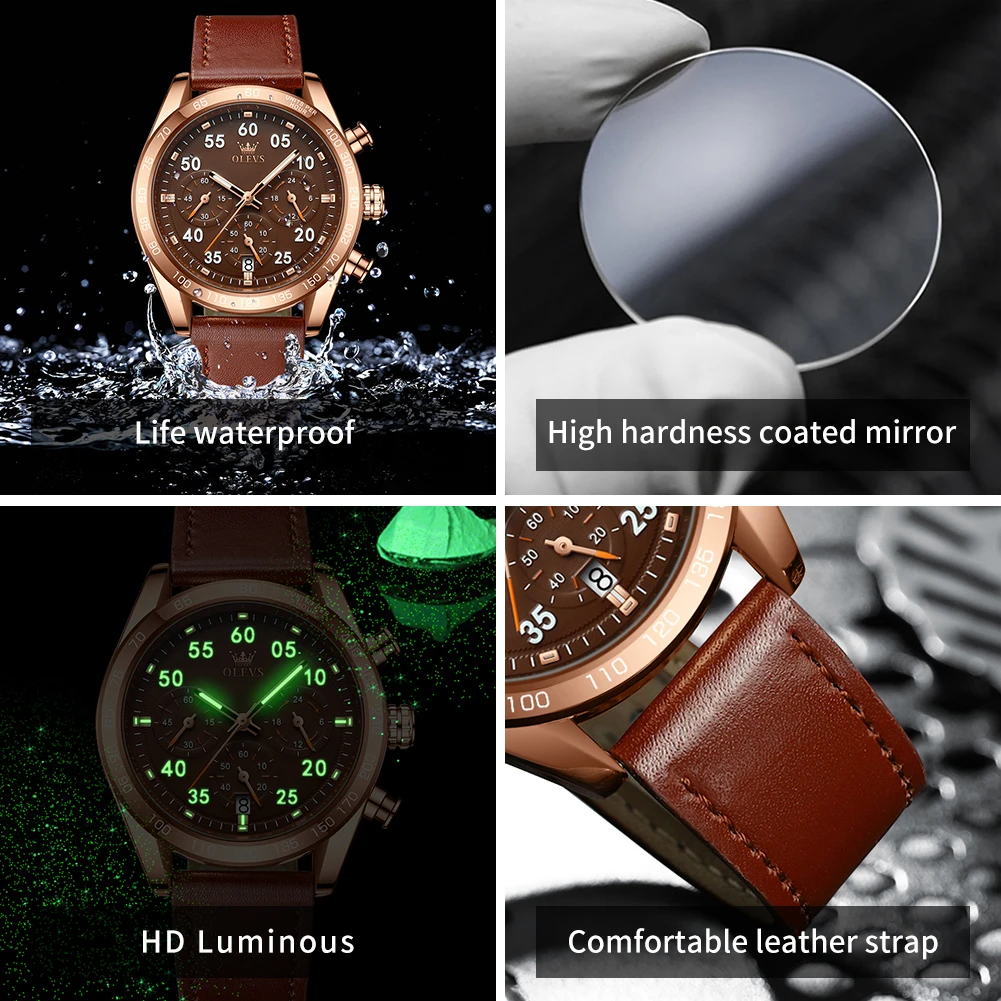 OLEVS TY703 브랜드 전용 쿼츠 시계 남성 패션 가죽 스트랩 클래식 크로노그래프 캘린더 방수 야광 남성 시계