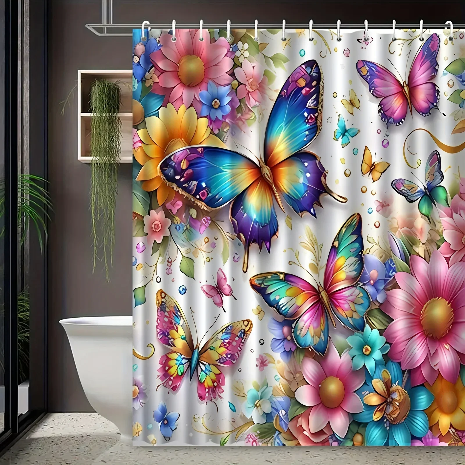 Vibrant Colorful Butterfly Floral Shower Curtain Bright Rainbow Butterflies Daisy Sunflower Flower 3D Print Waterproof Fabric Ba
