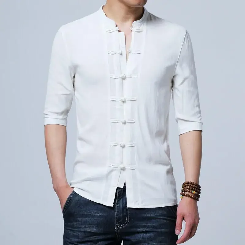 Tradictional Chinese Style Shirts Men Half Sleeve Cotton Linen Shirts Man Kung Fu Tai Chi Tang Suit Tops Male Vintage Shirt