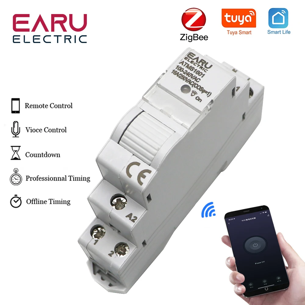 

AC 110V 220V 16A Single Phase 18MM Mimi Din Rail 35mm Zigbee WIFI Smart Timer Relay Switch Breaker Remote Control by Tuya APP