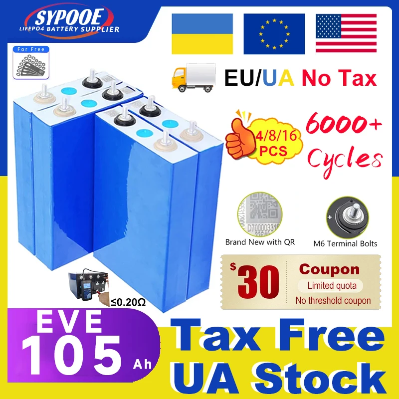 EVE 3.2V 105AH LiFePO4 Battery QR Max 6000+ Cycles Grade-A DIY 12V 24V 48V Bateria litowo-żelazowo-fosforanowa z kołkami UA NO Tax