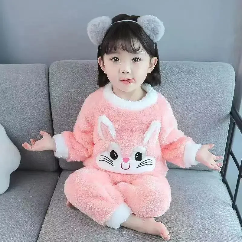 Children\'s Home Suit Set Girls\' Autumn/Winter Korean Edition Thickened Baby Coral Fleece Two Piece Sleepwear Set