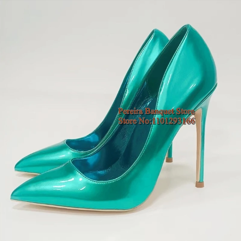 الأخضر لامع الجلود كعب مضخات الأحذية أشار تو الانزلاق على 12 سنتيمتر 10 سنتيمتر 8 سنتيمتر الضحلة فستان أحذية حجم 45 #2