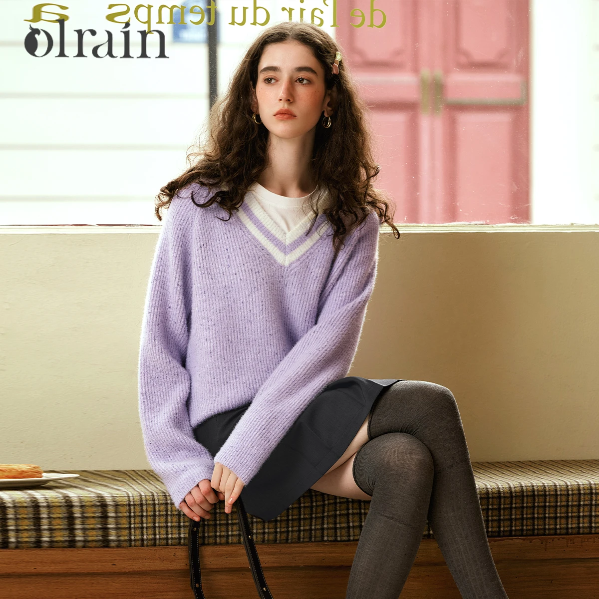 

OLrain женские пуловеры во французском стиле, осень 2021, свитер с v-образным вырезом и рукавами реглан, свободный крой, вязаные ленивые женские джемперы O56DM86555