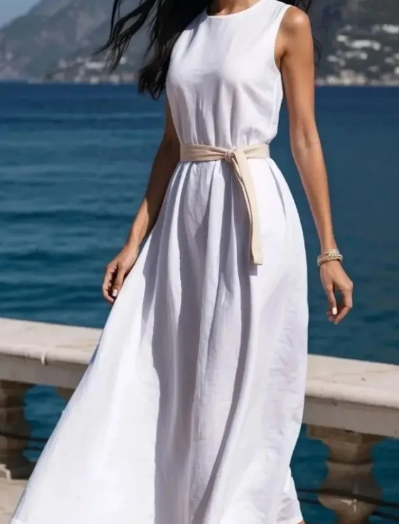 Women's White Loose Fit Summer Sleeveless Linen Midi Belted Waist Dress